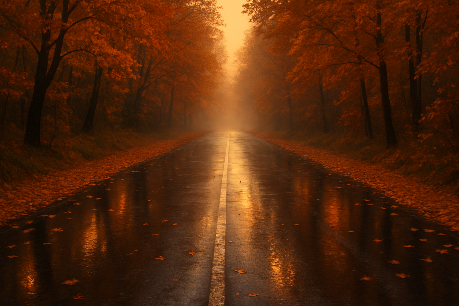 AUTUMU IMAGE WITH SOME ORANGE LEAFS on the side of road slight evening time empty road wet fell like it has just rained a little fog at the end of the road